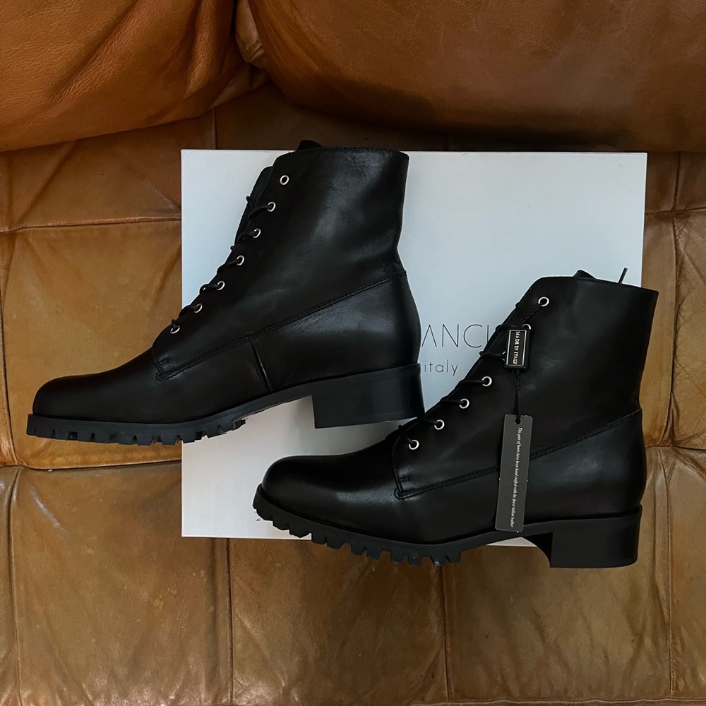 NEW IN BOX Black Leather Combat Boots By GRIGIARANCIO of Italy sz 7.5 8 38